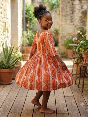 Girls Orange Geometric Print Fit-and-Flare Dress